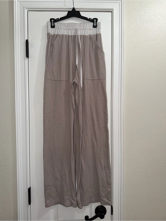 Pants - Wide Leg Drawstring Lounge Pants in Taupe with White Waistband